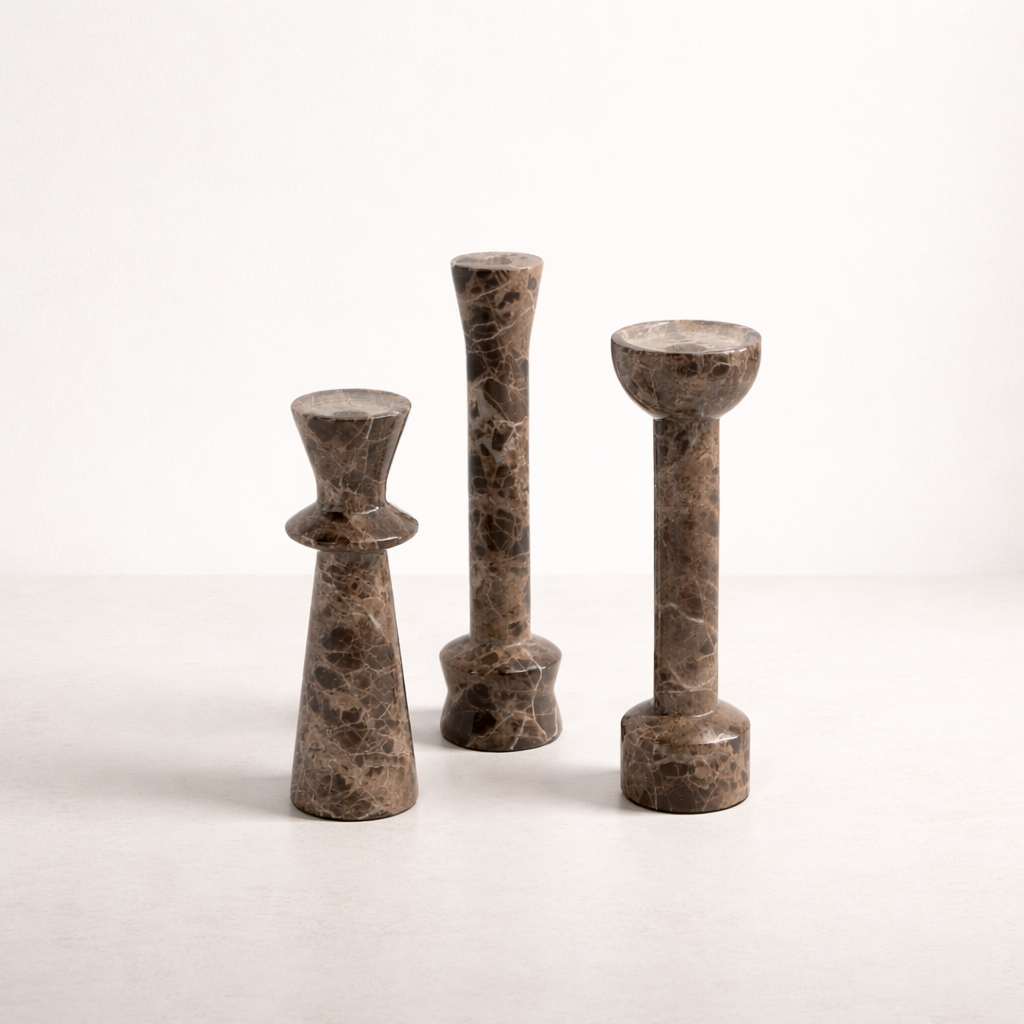 Dark Brown Marble Candle Holder Set