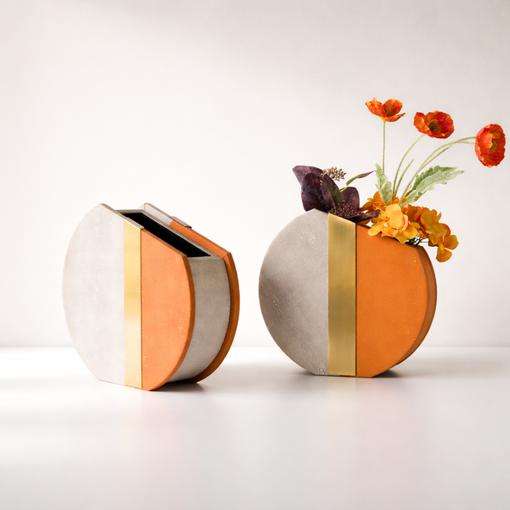 Rynel Orange & Gold Iron Leather Vase Set