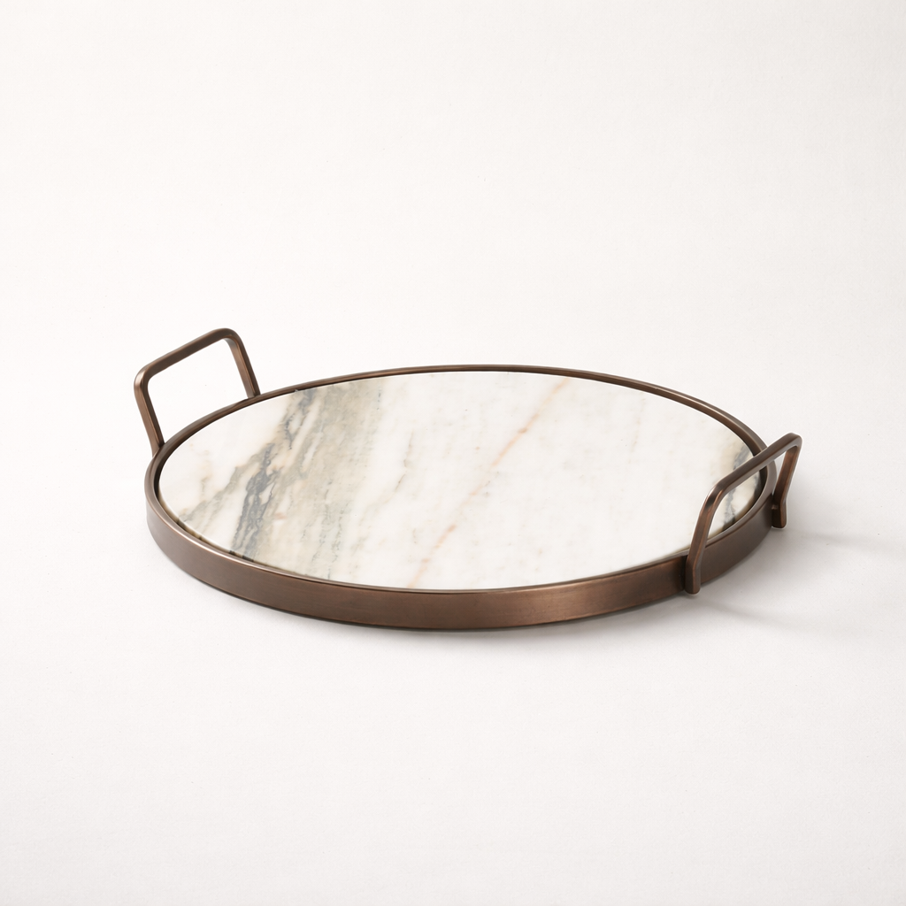 White Marble Stainless Steel Tray (Handled)