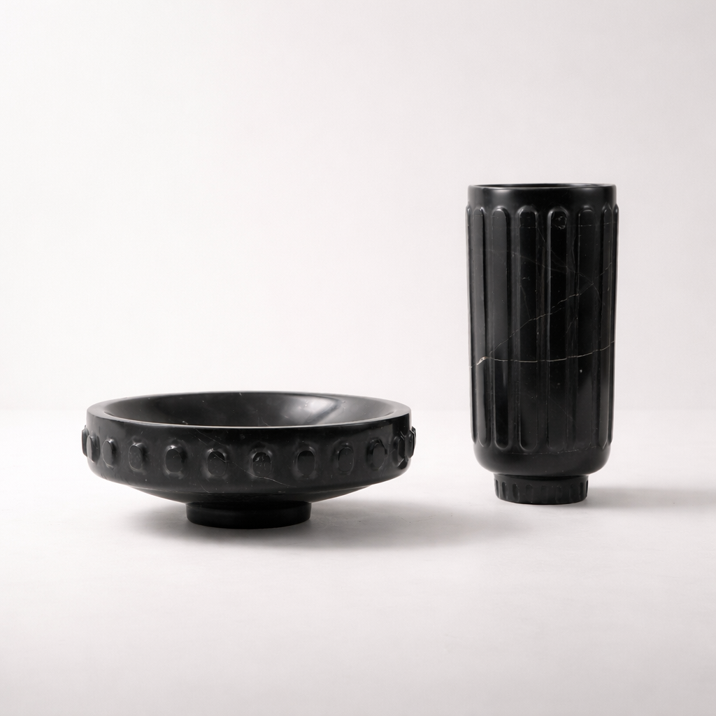 Neris Black Marble Vase and Tray