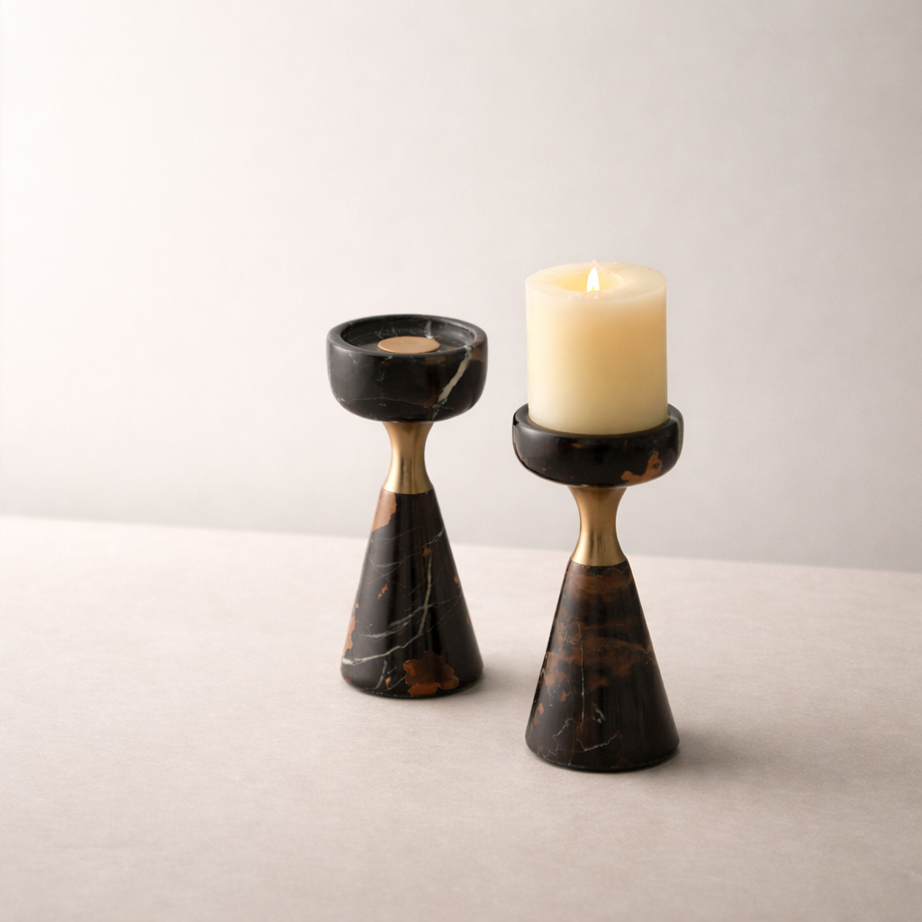 Brown Marble Aluminum Candle Holder Set