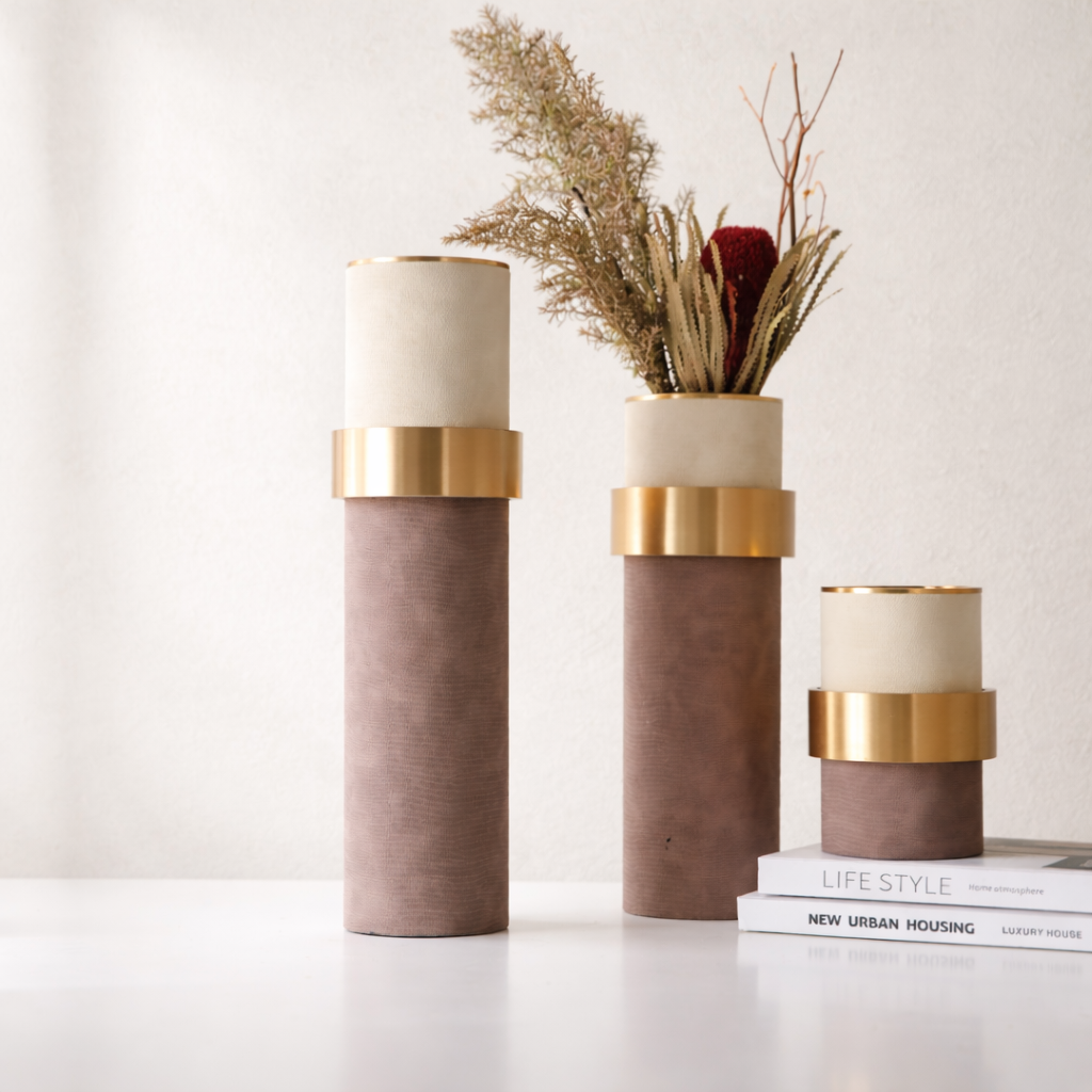 Marvella Brown & Gold Aluminium Leather Vase Set