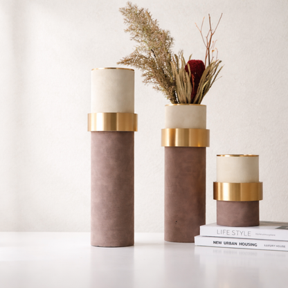 Marvella Brown & Gold Aluminium Leather Vase Set