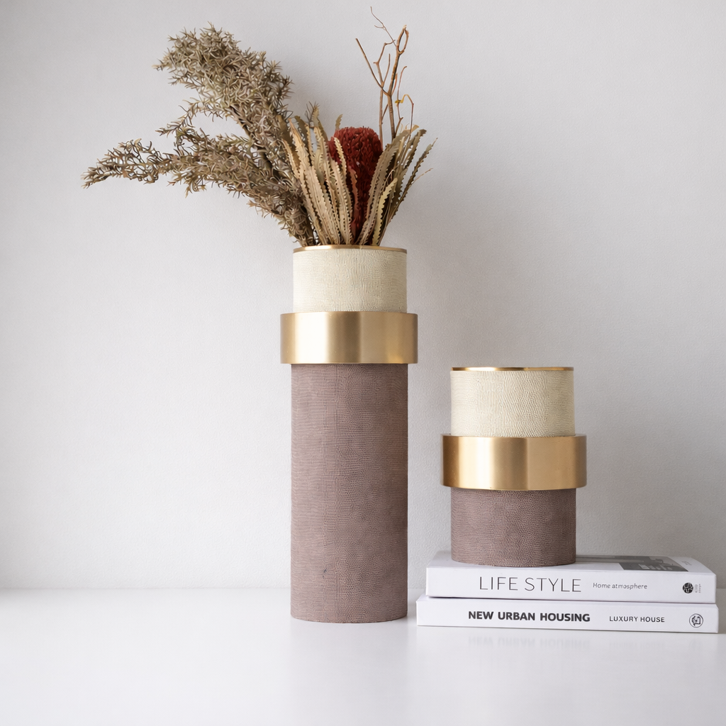 Marvella Brown & Gold Aluminium Leather Vase Set