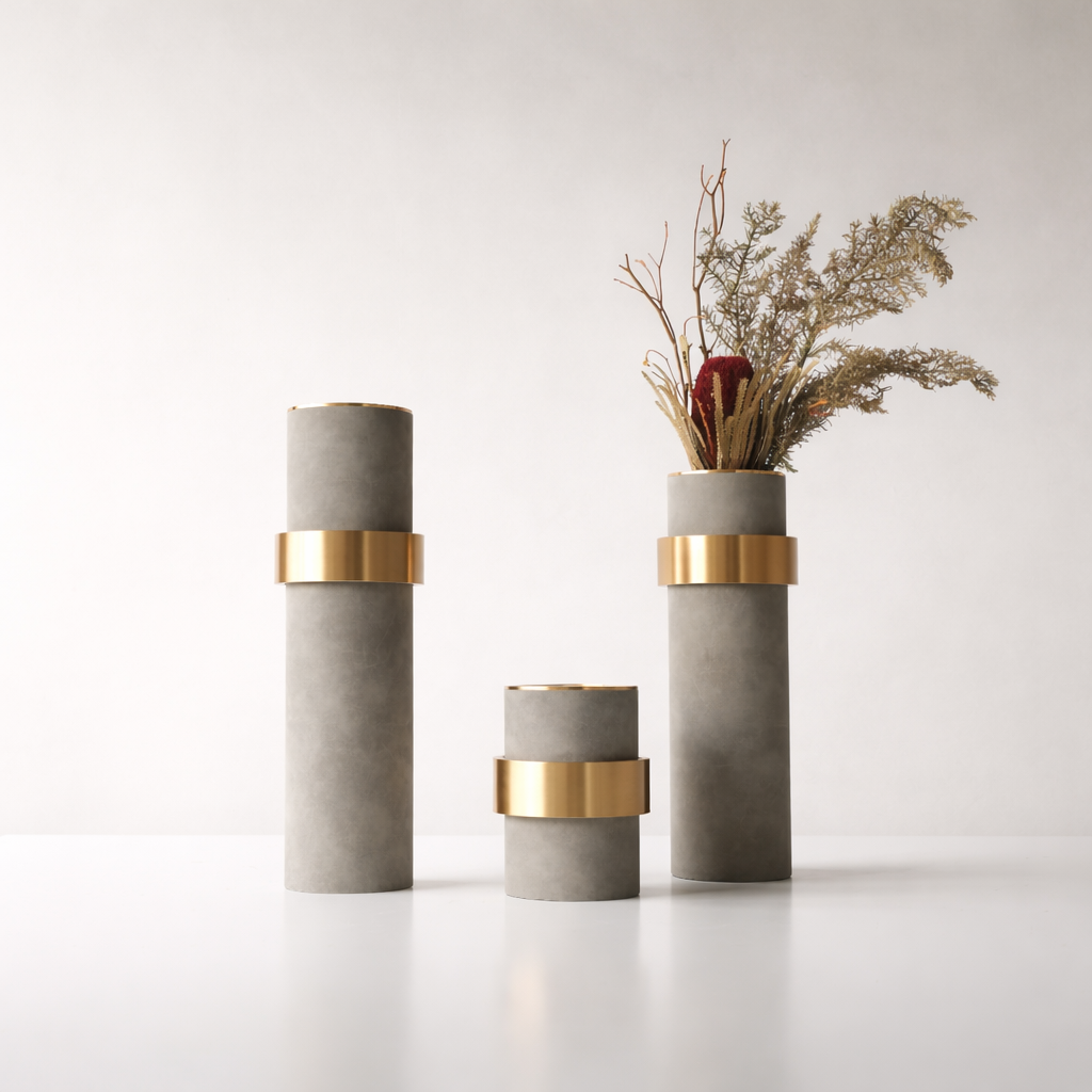 Marvella Grey & Gold Aluminium Leather Vase Set