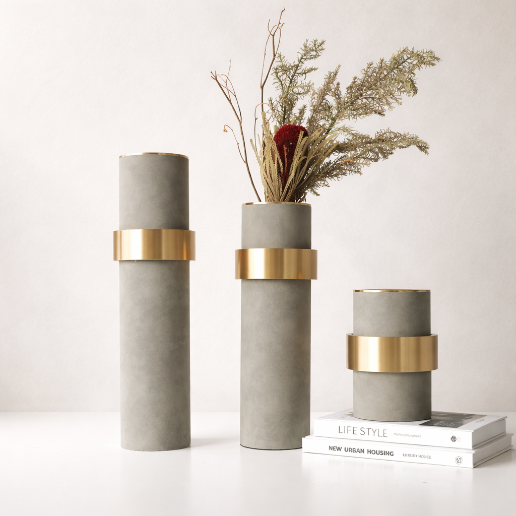 Marvella Grey & Gold Aluminium Leather Vase Set
