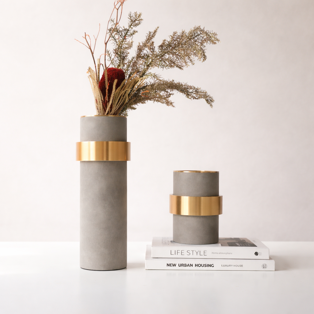 Marvella Grey & Gold Aluminium Leather Vase Set