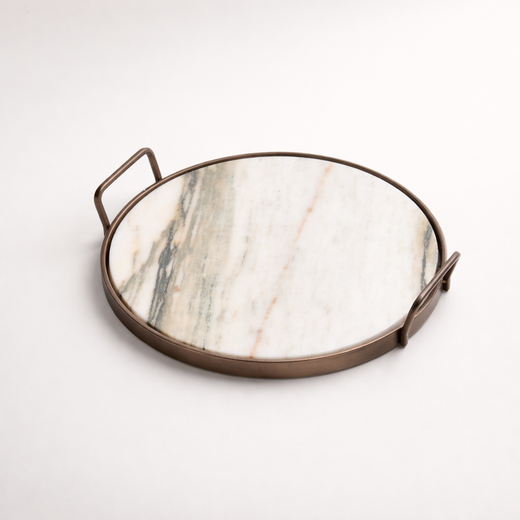 White Marble Stainless Steel Tray (Handled)